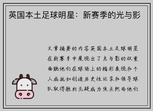 英国本土足球明星：新赛季的光与影